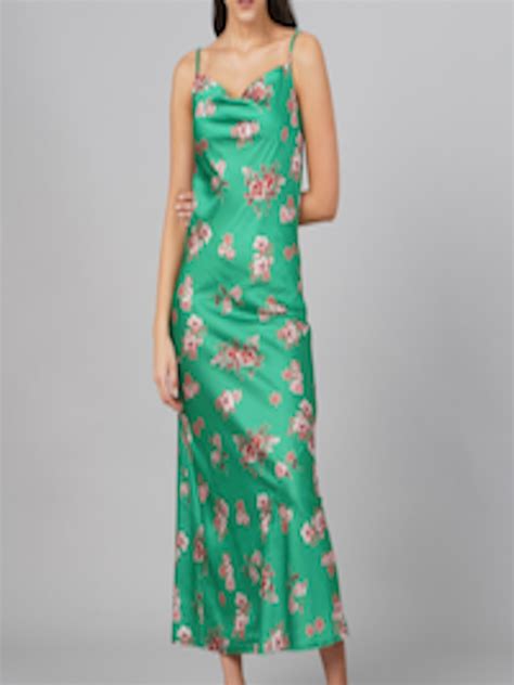 Buy SCORPIUS Green & White Floral Satin Maxi Midi Dress - Dresses for ...