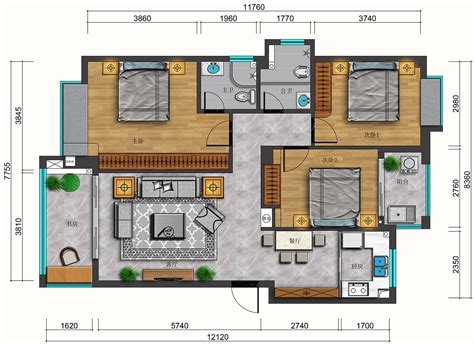套房户型设计施工图【2室2厅1卫1阳台、长13.86米、宽8.64米】_户型图_土木在线