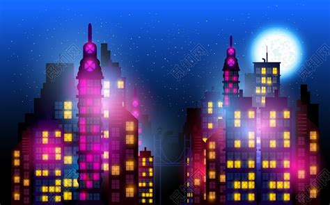 夜晚城市建筑插画图片素材免费下载 - 觅知网