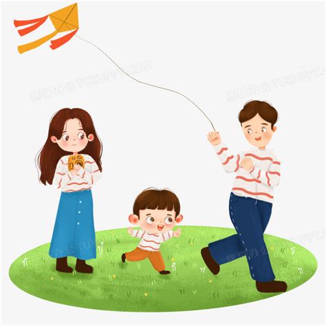 卡通爸爸妈妈陪孩子一起放风筝玩耍PNG图片素材下载_孩子PNG_熊猫办公