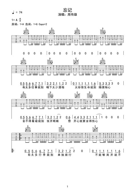 《忘记》吉他简谱初学者C调版 - 周传雄初级和弦谱(弹唱谱) - 吉他简谱