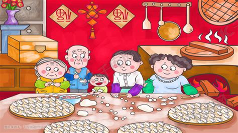 中国风春节除夕夜阖家团圆包饺子插画图片-千库网
