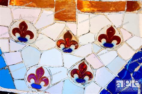 Mosaic of fleur-de-lis. Details of the trencadis, broken mosaics, Stock ...