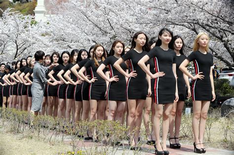 韩国模特专业学生在樱花树下走秀 大长腿瞩目