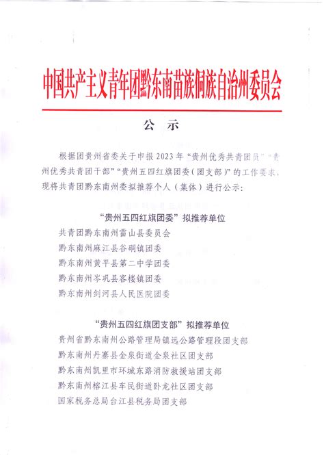 共青团黔东南州委关于2023年贵州省“两红两优”拟推荐个人（集体）的公示 - 通知公告 - 黔东南共青团