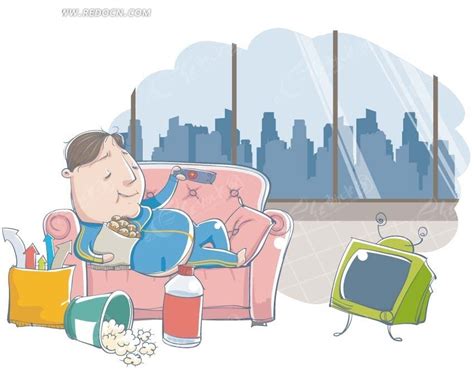 卡通插画——躺在沙发上看电视吃零食的男人EPS素材免费下载_红动中国