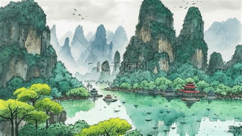 中国风唯美山水风景1插画图片-千库网