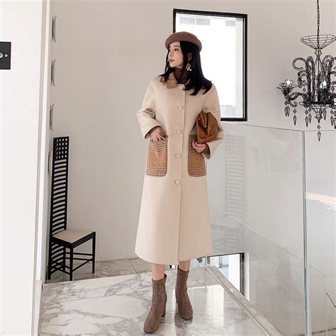 韩版22冬季西装领双面羊绒大衣女长款高端系带双排扣羊毛呢外套-淘宝网