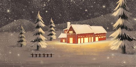 唯美小雪冬天房屋风景插画素材免费下载 - 觅知网