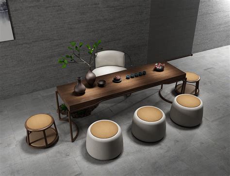 新中式茶桌茶椅效果图|三维|其他三维|绘梵空间设计 - 原创作品 ...