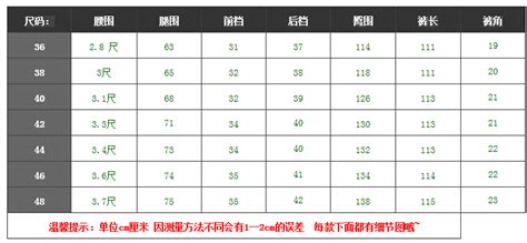 牛仔褲尺碼號(hào)碼表